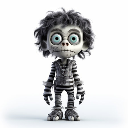 3d skeleton with clown face on white background, featuring monochromatic sculptor style, lit kid, jagged edges, poodlepunk aesthetic, dark white and gray color scheme, striped pattern, and toy-like proportions. ai generatedの素材