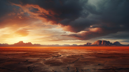 a desert landscape featuring majestic mountains and dramatic clouds, reminiscent of post-apocalyptic backdrops. this high-quality national geographic photo showcases a captivating blend of light red and dark amber hues. with its alien worlds and epic fantasy scenes, this image transports viewers to romantic and dramatic landscapes. ai generatedの素材