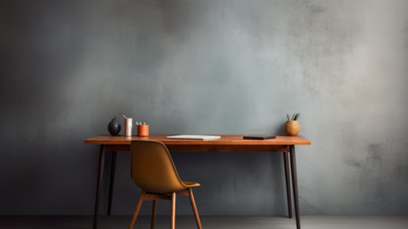 wooden desk and chair in dark orange and dark gray style, creating a minimalist color palette. the study features a muted colorscape mastery with a misty atmosphere. the 8k resolution captures the details of the neo-concrete design, showcasing the beauty of digital minimalism. ai generatedの素材