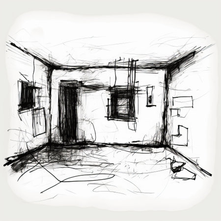 a haunting illustration of a room with messy walls and a broken door, created in a dynamic mark making style. the sketchy and flattened perspective adds to the eerie atmosphere of the matte photo. this art informel piece captures the essence of haunting houses with its unique and captivating design. ai generatedの素材