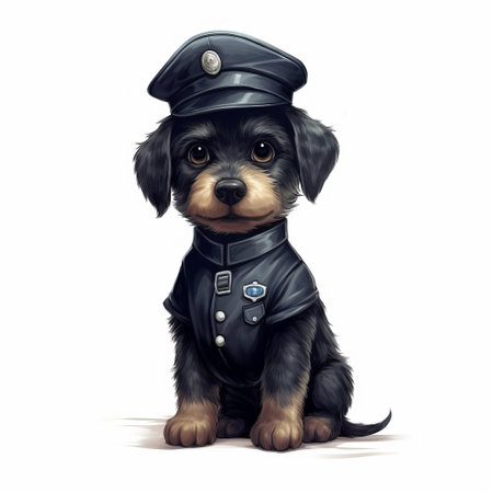 a black and white dog wearing a leather jacket and blue police jacket is captured in this adorable photo. the image showcases the style of hyper-realistic animal illustrations, reminiscent of artists such as john pitre, oleksandr bogomazov, mark ryden, and marine painters. the realistic color schemes add to the overall charm of the picture. ai generatedの素材