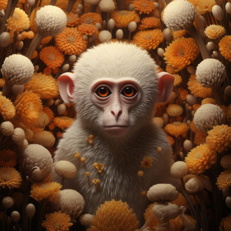 a white monkey perched amidst a vibrant pot of flowers, captured in stunning detail using the cinema4d rendering style. this hyper-realistic portrait showcases a mesmerizing blend of orange and gold hues, evoking a sense of warmth and vibrancy. the composition is reminiscent of mushroomcore aesthetics, with organic biomorphic forms beautifully captured through macro photography. ai generatedの素材