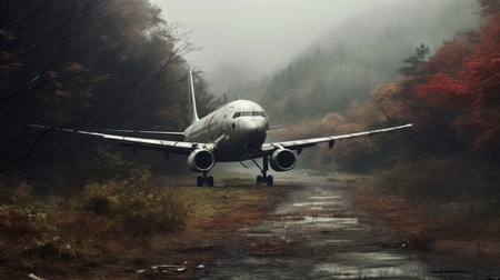 a plane drives on a runway towards a haunting forest in this photo. captured with a nikon af600, the image showcases elements of urban exploration and features an earthy color palette. the soggy, photo-realistic landscape evokes the style of japanese photography. ai generatedの素材