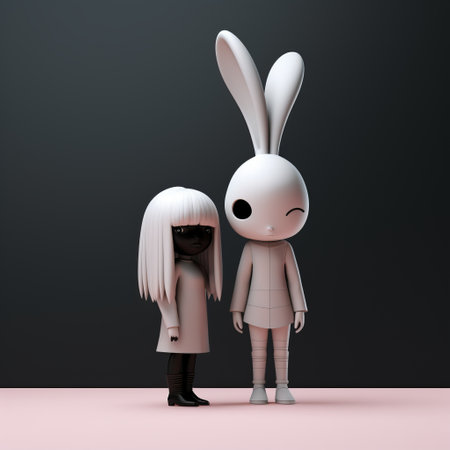 a rabbit and small girl are captured in a futuristic minimalist photo, inspired by the artistic styles of zbrush, hayao miyazaki, sarah andersen, mcdonaldpunk, and kinuko y craft. the image showcases a blend of dark white and light pink tones, creating a visually captivating composition. ai generatedの素材