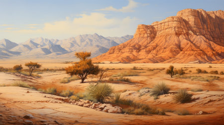 two big rock faces dominate the scene, showcasing the style of realistic landscapes with soft, tonal colors. this photograph captures the essence of desertwave and american scene painting, reminiscent of monumental murals. the use of brunaille underpainting adds depth and texture to the realistic scenery, evoking the spirit of land artists. ai generatedの素材