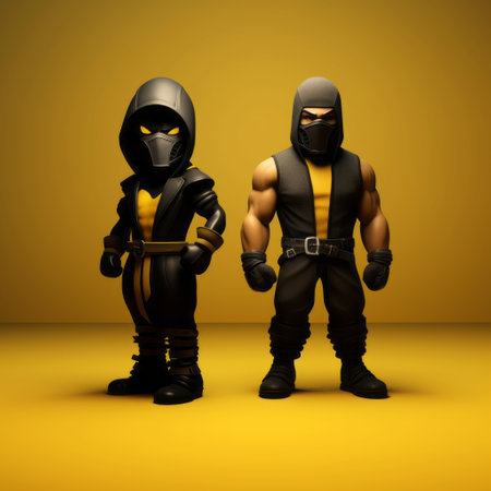 the mortal kombat characters, in their high detailed and dark robotic outfits, are seen standing in front of a yellow background. the industrial and product design style adds a unique touch to the matte photo, creating a visually striking image. these isolated figures exude a sense of power and intensity, perfectly capturing the essence of the game. ai generatedの素材
