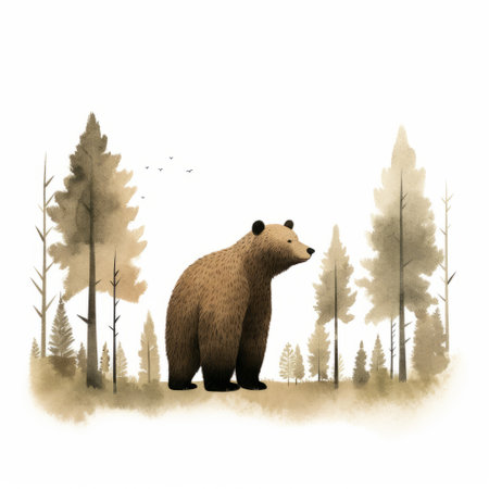 a large teddy bear stands near trees and mountains in a minimalist ink wash style. this 2d game art features brown, hyper-realistic animal illustrations with eastern brushwork. the mist adds a touch of mystery to this captivating illustration. ai generatedの素材