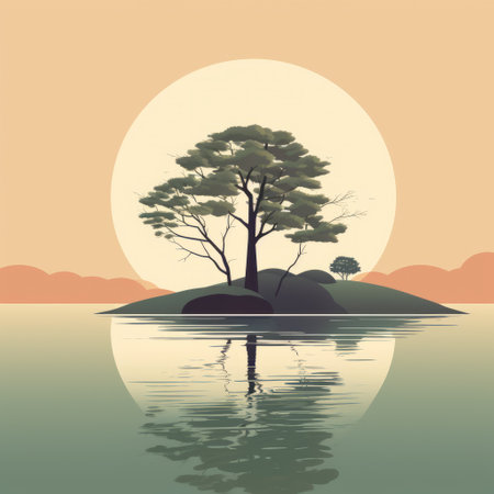 a silhouette of a wooden island is showcased against a moonlit sky, bathed in sunlight. this photo captures the essence of realistic landscapes with soft, tonal colors, while drawing inspiration from classic japanese simplicity, art deco, and vintage poster design. the image also features elements of exotic fantasy landscapes, with mesmerizing reflections and mirroring effects. ai generatedの素材