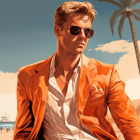 a man in an orange jacket sits on a beach, wearing sunglasses. the illustration style is chic, reminiscent of glamorous hollywood portraits. the rendering is realistic and hyper-detailed, creating a rich and immersive experience. the image has a touch of adventure pulp, portraying the man as handsome. the overall look is crisp and clean. ai generatedの素材