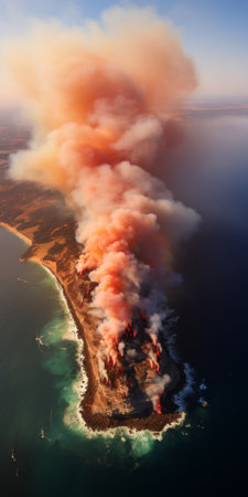 smoke rises from an island in this aerial image, capturing the vibrant australian landscape. the scene is filled with colorful explosions and lively coastal landscapes, featuring a combination of light red and dark beige hues. the photo was taken with a nikon af600, showcasing a realistic attention to detail and the intensity of the firecore. ai generatedの素材