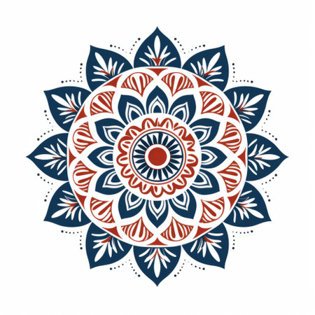 mandala indian embroidery on a white background featuring a colorful flower vector. the design showcases a blend of light red and dark indigo, reminiscent of woodblock printing. geometric shapes and patterns add a traditional essence to the artwork, while the dark orange and azure hues evoke a serene feeling. the combination of red and indigo creates a visually captivating composition. ai generatedの素材