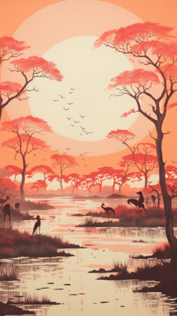 a stunning sunset backdrop featuring trees and birds, inspired by hyper-realistic animal illustrations and traditional african art. the color palette includes shades of light red and dark aquamarine, creating a captivating 2d game art with an adventurous theme. the artwork showcases fluid landscapes and is reminiscent of holotone printing techniques. ai generatedの素材