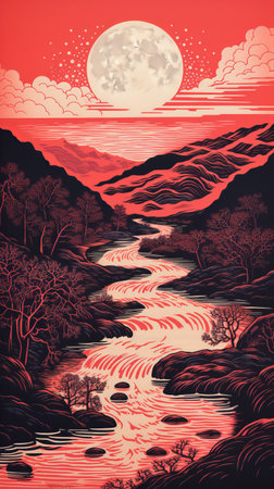 an evening scene of a river with a prominent moon, depicted in a woodcut-inspired style featuring light crimson and black hues. the illustration showcases mountainous vistas and draws inspiration from chicano art, british topographical art, and infrared photography. the flowing forms add a sense of movement to the captivating image. ai generatedの素材