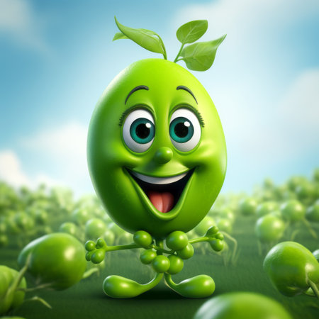 a 3d printed paper featuring a happy green character, resembling peas. the image showcases a high-definition style with lush landscape backgrounds, subtle gradients, and a playful caricature. created using daz3d and cranberrycore, the macro zoom highlights intricate details of the character. ai generatedの素材
