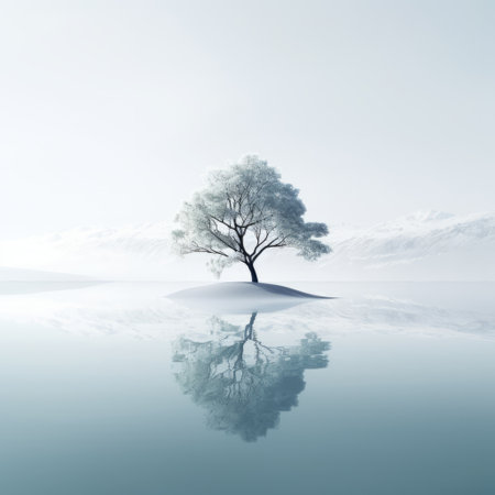 a lonely tree stands on the shore of calm water, its reflection creating a serene and tranquil scene. this ethereal illustration, in white and aquamarine, captures the beauty of snow scenes. with layered imagery and delicate rendering, this 8k resolution photograph showcases a delicately crafted landscape, evoking a sense of subtle irony. ai generatedの素材