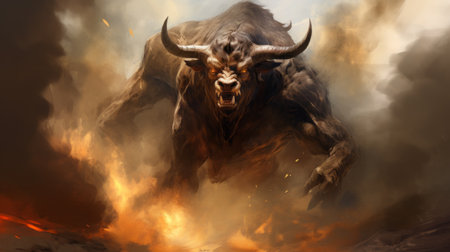 a digitally enhanced hd wallpaper featuring a bull engulfed in fire. this captivating artwork, in the style of peter gric and valentin serov, showcases spiky mounds and a soft brushstroke realism. the heroic presence of the bull is beautifully captured by ingrid baars, making it a stunning addition to any desktop. ai generatedの素材