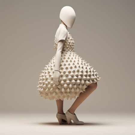 a woman is wearing a dress adorned with spikes, showcasing a unique blend of monochromatic white figures. the dress embodies a whimsical and 3d design, reminiscent of algorithmic artistry. this innovative piece seamlessly integrates with the human canvas, creating a visually striking and thought-provoking display. the dotted pattern adds an extra touch of intrigue to this avant-garde fashion statement. ai generatedの素材