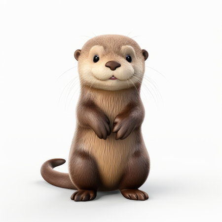 3d otter with hands raised, standing on white background. charming realism style, detailed character illustrations created using zbrush. uhd image showcasing soft and rounded forms, reminiscent of caricature-like illustrations. ai generatedの素材