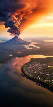 aerial view of a majestic volcano surrounded by a flowing river, captured with the canon ts-e 17mm f4l tilt-shift lens. the vibrant colors of light red and light gold create a psychedelic-inspired atmosphere. with rtx on and iso 200, this mesmerizing photo showcases the stunning beauty of nature from a unique perspective. ai generatedの素材
