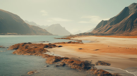 a stunning rocky mountain landscape featuring a lake in the background, showcasing a futuristic sci-fi aesthetic. the photo captures the beauty of light beige and amber tones, inspired by marine biology. this 8k 3d image by scarlett hooft graafland portrays lively coastal landscapes with a matte finish. ai generatedの素材