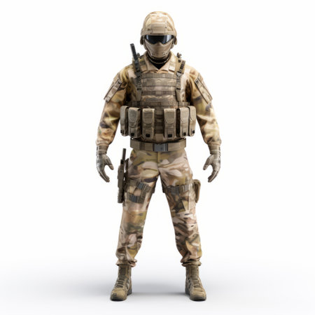 a soldier in camouflage and helmet, holding a grenade, is depicted in this realistic and hyper-detailed rendering. the light beige color of the uniform, along with the detailed costumes, adds to the authenticity of the image. the mosscore background creates a sombre atmosphere, while the warm tonal range enhances the overall impact. ai generatedの素材
