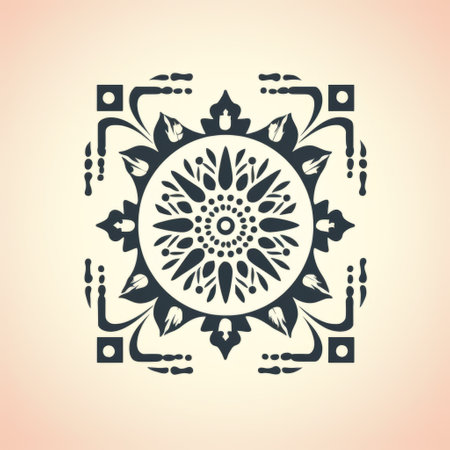 a vector illustration featuring a geometric pattern with a black design ornament on a beige background. the style of the artwork is reminiscent of cyanotype printing and khmer art, incorporating elements of logo design, flower patterns, rustic renaissance realism, feminine sticker art, and intricate ceiling designs. ai generatedの素材