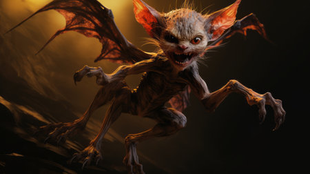 a photo of a grotesque caricature bat with big wings, rendered in the style of unreal engine. the bat's intense movement expression and charming character make it a captivating piece of art. the light red and brown tones add depth and dimension to the image. this artwork showcases the influence of goblin academia and cryengine in its creation. ai generatedの素材