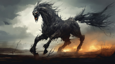 a dark horse with a chaotic environment and explosive wildlife is depicted in this hd wallpaper. the illustration style is reminiscent of the necronomicon, with revived historic art forms and characterful animal portraits. esteban vicente and serge marshennikov's influences can be seen in this captivating image. ai generatedの素材