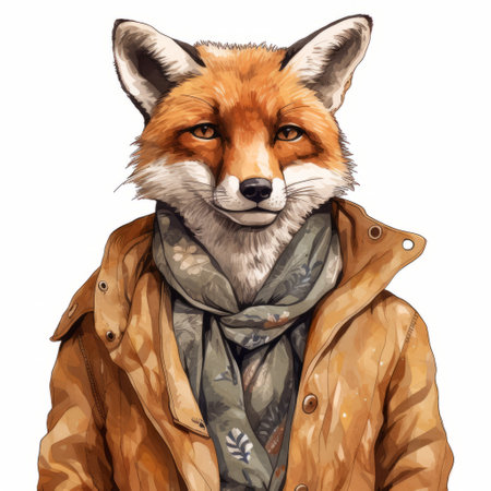 an illustration of a fox on a leather coat, showcasing street style realism. the charming character is depicted with nature-inspired camouflage, reminiscent of celebrity portraits. the color palette features light orange and maroon, enhancing the detailed costumes in this captivating illustration. ai generatedの素材