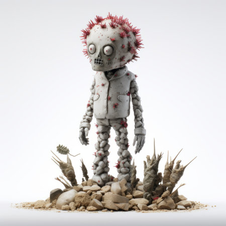small zombie laying on rocks in a 4d illustration, resembling the artistic style of jeff soto. this 3d render features spiky mounds and mechanized forms, inspired by the works of isaac cordal and vik muniz. a commissioned piece that showcases a full-body depiction of the zombie. ai generatedの素材