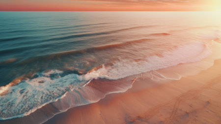 aerial view of a beach at sunrise or sunset, captured by stock photographers. the image showcases a futuristic chromatic wave pattern in light orange and dark aquamarine, creating a soft and dreamy atmosphere. with its photorealistic detail, this uhd image beautifully combines elements of american romanticism. the colors of light teal and light maroon add to the overall visual appeal. ai generatedの素材
