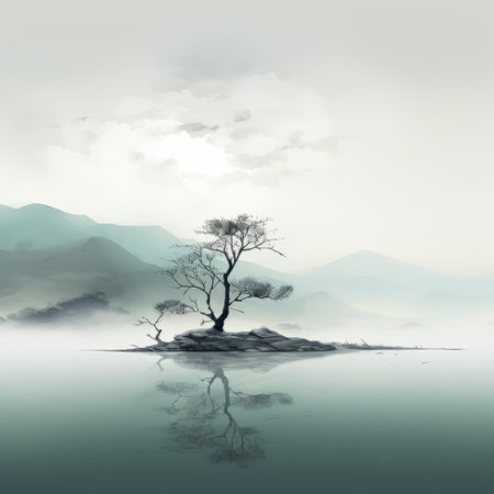 a tree on the shore of a lake, resembling ethereal illustrations, showcases a blend of gray and aquamarine hues. this traditional chinese landscape captures the essence of scottish landscapes with its high resolution and high-contrast shading. the mist adds an enchanting touch to the overall ambiance. ai generatedの素材