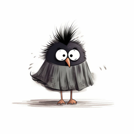 the black bird in this cartoonish character design features black sleeves adorned with big fluffy feathers. the image showcases a combination of gray and beige tones, with quirky expressions and charming sketches. this uhd image captures the bird's humorous and playful personality, adding a touch of whimsy to any project. ai generatedの素材