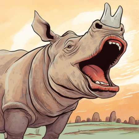 a close-up illustration of a rhino with its mouth wide open, depicted in a surreal comic style reminiscent of graphic novel realism. this artwork draws inspiration from the art of the ivory coast, patrick brown's illustrations, and fantasy themes. the rhino's expression is a punctuated caricature, capturing attention with its exaggerated features. ai generatedの素材