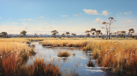 an artwork for the bush gallery in sydney showcasing realist landscapes with serene pastoral scenes. the hyper-realistic water and sky-blue and gold hues capture the essence of australian landscapes. the artwork features detailed wildlife amidst the stunning ilford pan film-inspired composition. ai generatedの素材