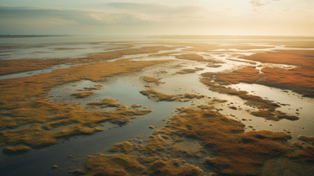 aerial view of a river at sunset, reminiscent of dutch seascapes. this captivating photo showcases environmental awareness with its serene atmosphere and marine biology-inspired elements. the light yellow and dark beige hues create a romantic and dramatic landscape, evoking the artistic style of scarlett hooft graafland. the photo's atmospheric perspective adds to its overall tranquility. ai generatedの素材