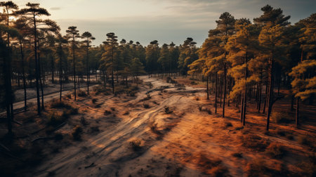 a dirt road winds through a dense pine forest, surrounded by numerous brown pine trees. this captivating aerial photograph, reminiscent of the style of guillem h. pongiluppi, showcases the stunning views of the suffolk coast. captured with a tokina at-x 11-16mm f/2.8 pro dx ii lens, the image features a striking contrast between light orange and dark navy tones. the scene evokes a sense ofの素材