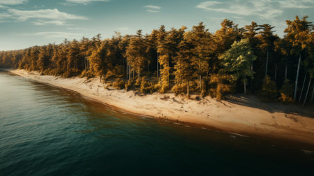 aerial view of a forest and lake shore, captured in the style of unreal engine 5. the photo showcases beach portraits with a color palette of dark teal and light amber. selective focus adds depth to the image, while the work of rafa olbiski brings out the seaside scenes in stark realism. ai generatedの素材