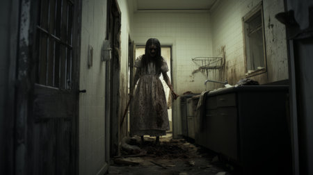 a woman, inspired by the artistic styles of bill gekas, chie yoshii, and medicalcore, is captured in this uhd image. she is seen stealthily stalking through a hallway, her hand firmly gripping someone else's. the composition, reminiscent of the works of made of wire and suburban ennui capturer, exudes a sense of intrigue and mystery. the use of cinestill 50d film adds a unique cinematicの素材