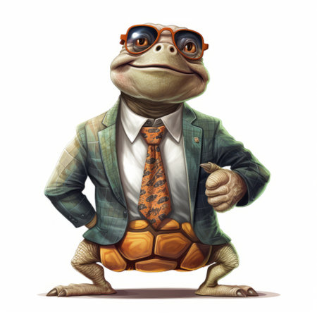 a cartoon tortoise, inspired by hyperrealistic illustrations like dino valls and thomas nast, is depicted wearing a tuxedo and tie. this charming character illustration showcases the artistic style of jean restout the younger, with a touch of solarizing mastery. get ready to turn on the rtx and immerse yourself in this unique and captivating artwork. ai generatedの素材