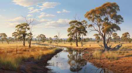 an old tree stands tall against the sky, showcasing the artistic style of australian tonalism. this hyper-realistic photograph captures the beauty of nature, with delicately rendered landscapes and reflections. the image also features stunning animal illustrations, detailed hunting scenes, and a panoramic scale that depicts the charm of rural life. ai generatedの素材