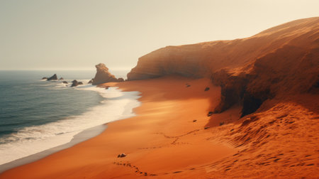 the photo captures a stunning sunset over the ocean, showcasing the beauty of nature. rendered in the style of unreal engine, the image features desertwave and terracotta hues, creating a soft and dreamy atmosphere. this national geographic photo depicts symbolic figurative landscapes and coastal scenes, offering a mesmerizing visual experience. ai generatedの素材
