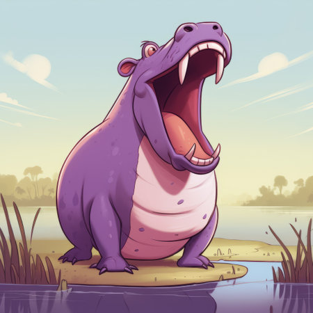 an african hippo with its mouth wide open is depicted in this whimsical illustration, reminiscent of fairy tale artwork. the vibrant colors of light purple and orange bring a playful touch to the 2d game art style. this commission for frogcore showcases lively storytelling through caricature-like illustrations. ai generatedの素材