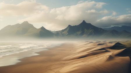 a stunning 8k resolution photo capturing a desert landscape adorned with majestic mountains and a sea dune. this ethereal image combines the realistic beauty of dutch marine scenes, layered and atmospheric landscapes, and the artistry of tonga and norwegian nature. a truly captivating national geographic-worthy photo. ai generatedの素材