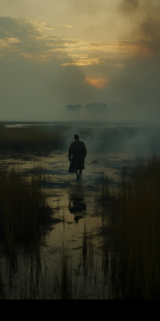 a photo capturing the sunlight filtering through tall grass, reminiscent of southern gothic-inspired dutch marine scenes. the image showcases experimental cinematography and layered imagery, evoking a misty atmosphere. shot with a leica r8, the photo exudes a dramatic and somber quality, reminiscent of religious works. ai generatedの素材