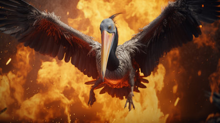 a pelican with wings spread wide stands over a fiery backdrop, showcasing vibrant colors and a touch of humor. this rendered image, created in the style of unreal engine, captures the essence of explosive pigmentation and mythical references. it belongs to a collection of animal scenes that prioritize emotion over realism, including the unique concept of "dinocore.", ai generatedの素材