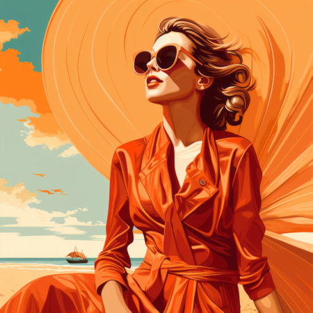 an artwork showcasing a retro futurism-inspired scene with an orange dress and a red umbrella on a beach. the realistic portrait painting, reminiscent of fashion illustration, is enhanced by a backlight and a rich color palette. the golden hues add a touch of soviet charm to this captivating piece. ai generatedの素材