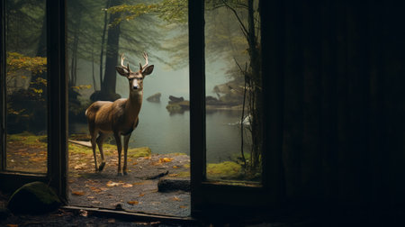 a deer gazes through a foggy window, showcasing nature-inspired imagery with a touch of mystery. the scene is reminiscent of realistic anamorphic art, reminiscent of the works of adrianus eversen. the romantic chiaroscuro lighting adds depth and atmosphere to the unreal engine backdrop, created by caras ionut. ai generatedの素材