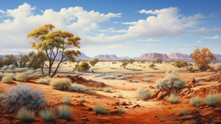 desert landscape featuring vibrant clouds inspired by native australian motifs. this hyper-realistic image showcases intricate details and a richly textured background. captured in 3840x2160 resolution, the photograph exhibits the meticulous shading and flat, yet limited shading effects. shot on ferrania p30 film, this picture offers a visually captivating and highly detailed depiction of the desert scenery. ai generatedの素材