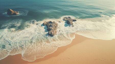 aerial view of the ocean, beach, and sand with a cross-processing style. captured by joo artur da silva, this photo showcases soft realism and romantic scenes. the use of vray tracing enhances the beauty of this iconic rock and roll imagery. prepare to be amazed by the breathtaking beauty of this scene. ai generatedの素材
